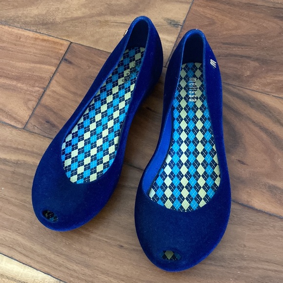 Melissa Ultra Girl Flocked Peep Toe Shoes Slip Ons Royal Blue Size 2 - Picture 3 of 7